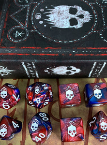 Mark of the Necronomicon Dice - Bone White on Blood and Magick Polyhedral Set