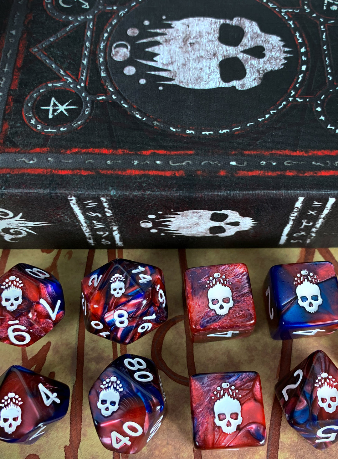 Mark of the Necronomicon Dice - Bone White on Blood and Magick Polyhedral Set