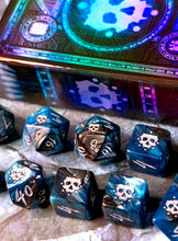 The Grimm Elder Dice - Silver Ink on Cyan and Black