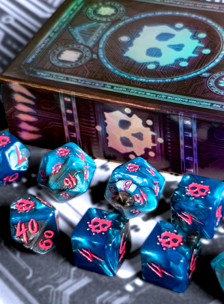 The Grimm Elder Dice - Magenta Ink on Cyan and Black