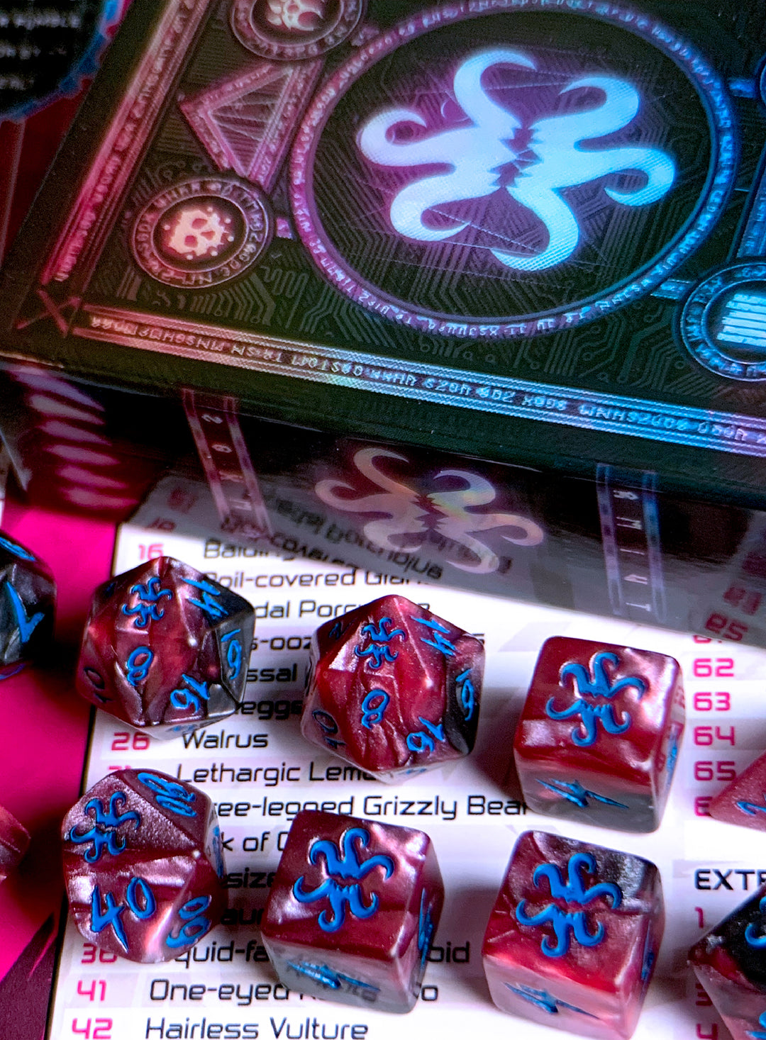 THEY Elder Dice - Cyan Ink on Magenta and Black