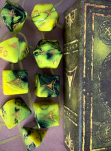 Yellow Sign Dice - Burnt Bone and Tattered Yellow Polyhedral Set