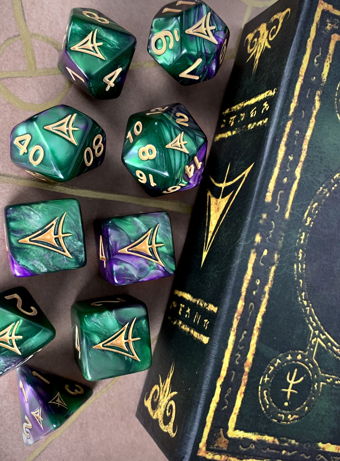 Yellow Sign Dice - Purple and Green Masked edition Polyhedral Set