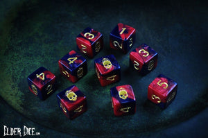 The red and black Mark of the Necronomicon dice set