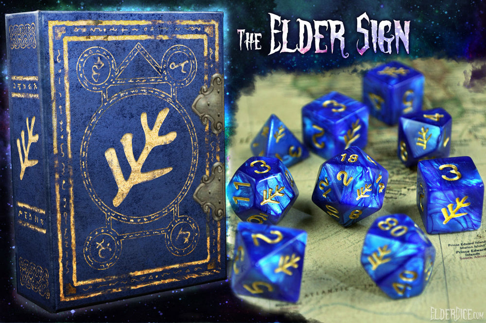 Blue Elder Sign Dice with spellbook grimoire box