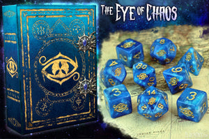 Blue swirl eye of chaos polyhedral dice set