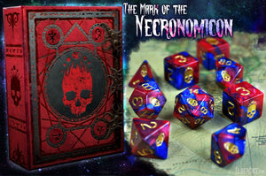 Red and Blue "Blood and Magic" Necronomicon Dice polyhedral set