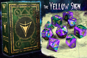 purple and green swirl Yellow sign mask edition polyhedral dice