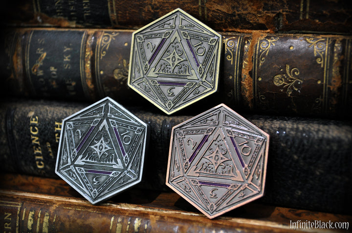 The Star of Azathoth coins in gold, silver, and copper