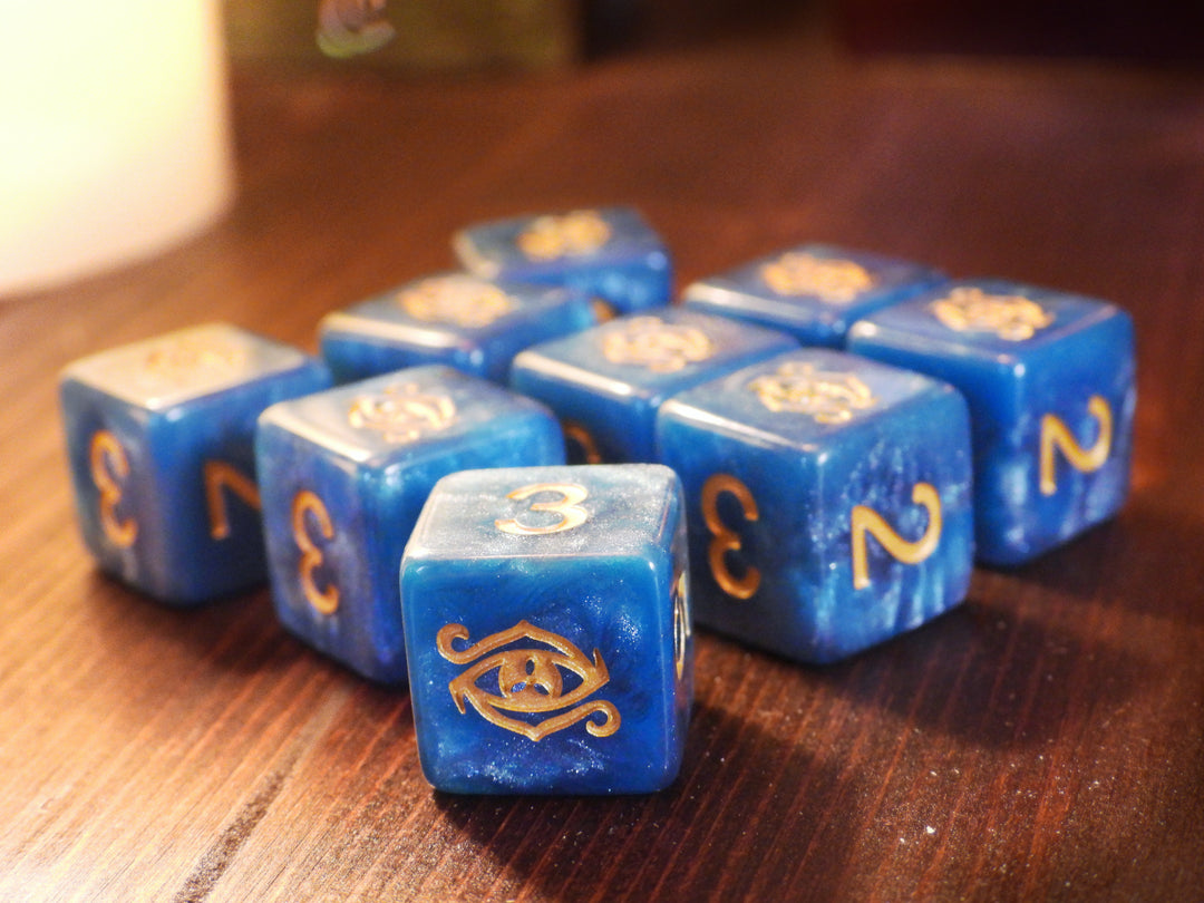 blue swirl Eye of Chaos d6 dice set