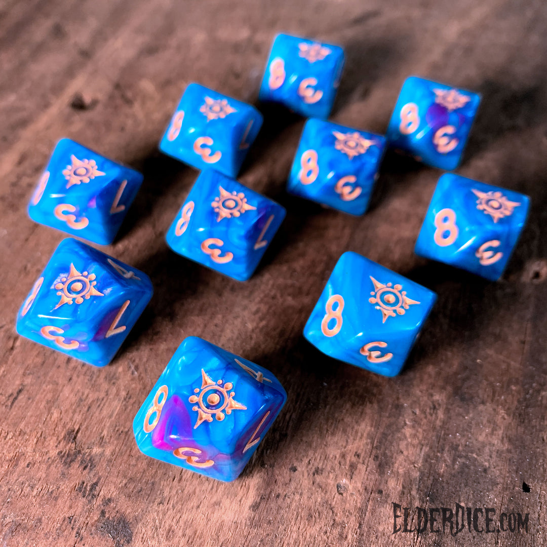 Kadathian Ice blue and streaked violet Elder Dice d10 set