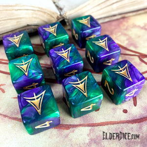Masked purple and green Dice featuring the Yellow Sign symbol