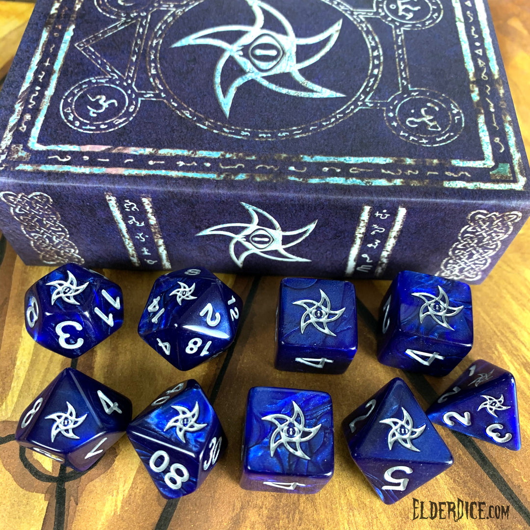 Astral Elder Sign Dice - Blue Polyhedral Set: Ley Silver