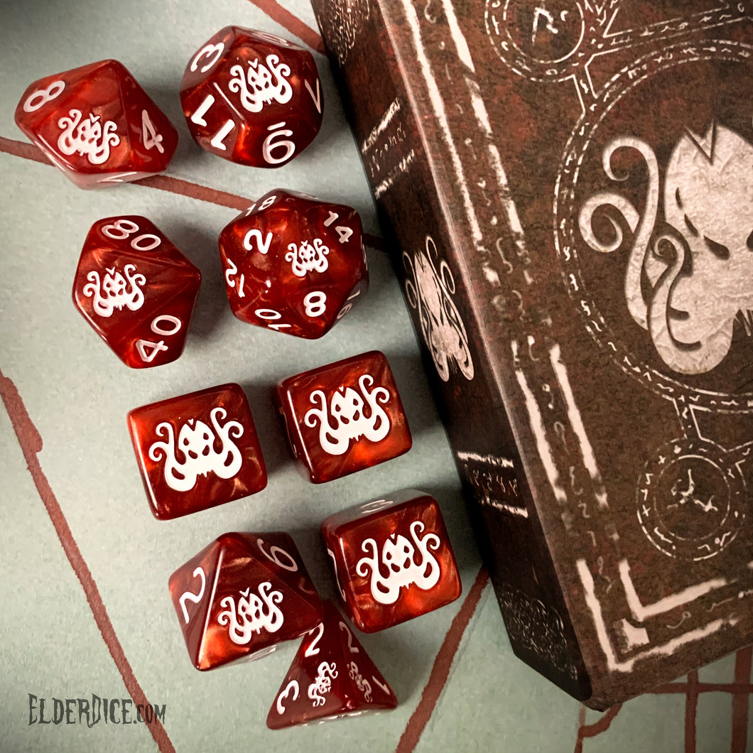 The Brand of Cthulhu Dice - Bone White on Eldritch Red Polyhedral Set