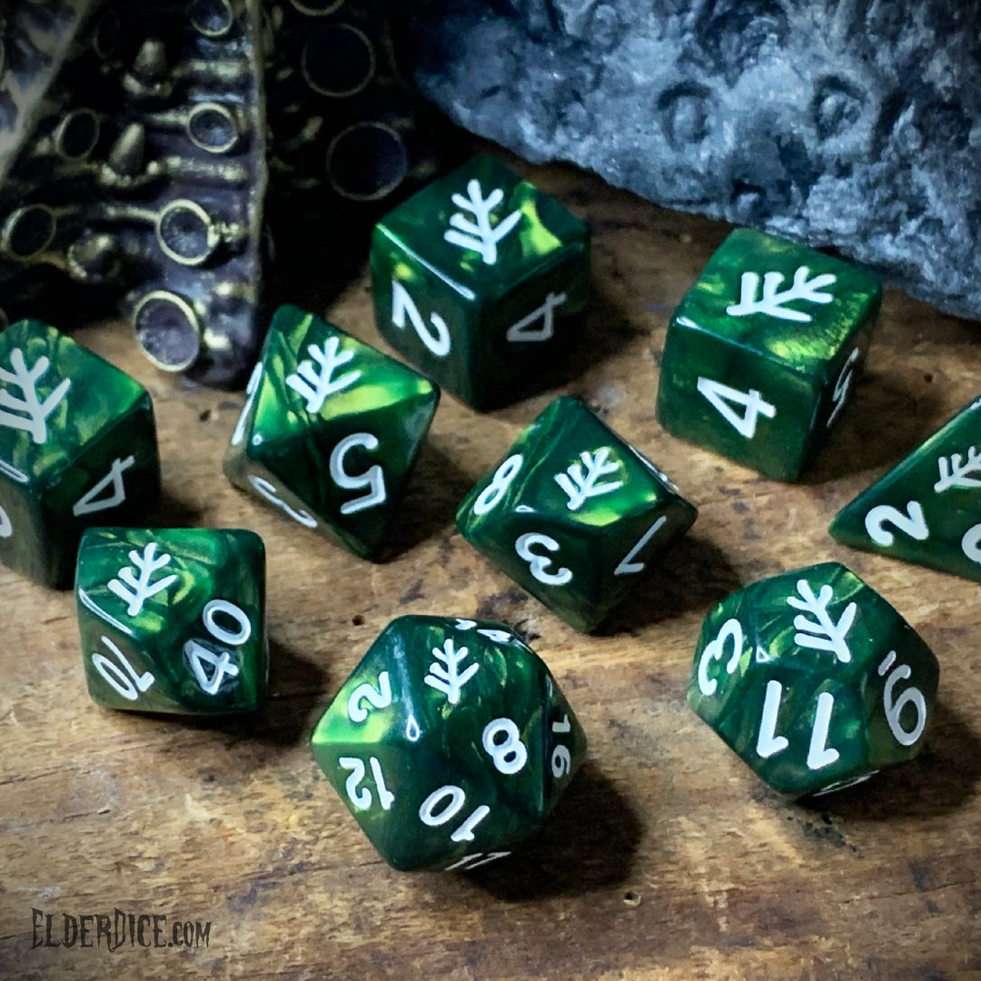 Lovecraft Elder Sign Aegis White on Eldritch Green Polyhedral Dice