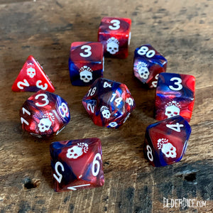 The blood and magick Mark of the Necornomicon dice with bone-white paint