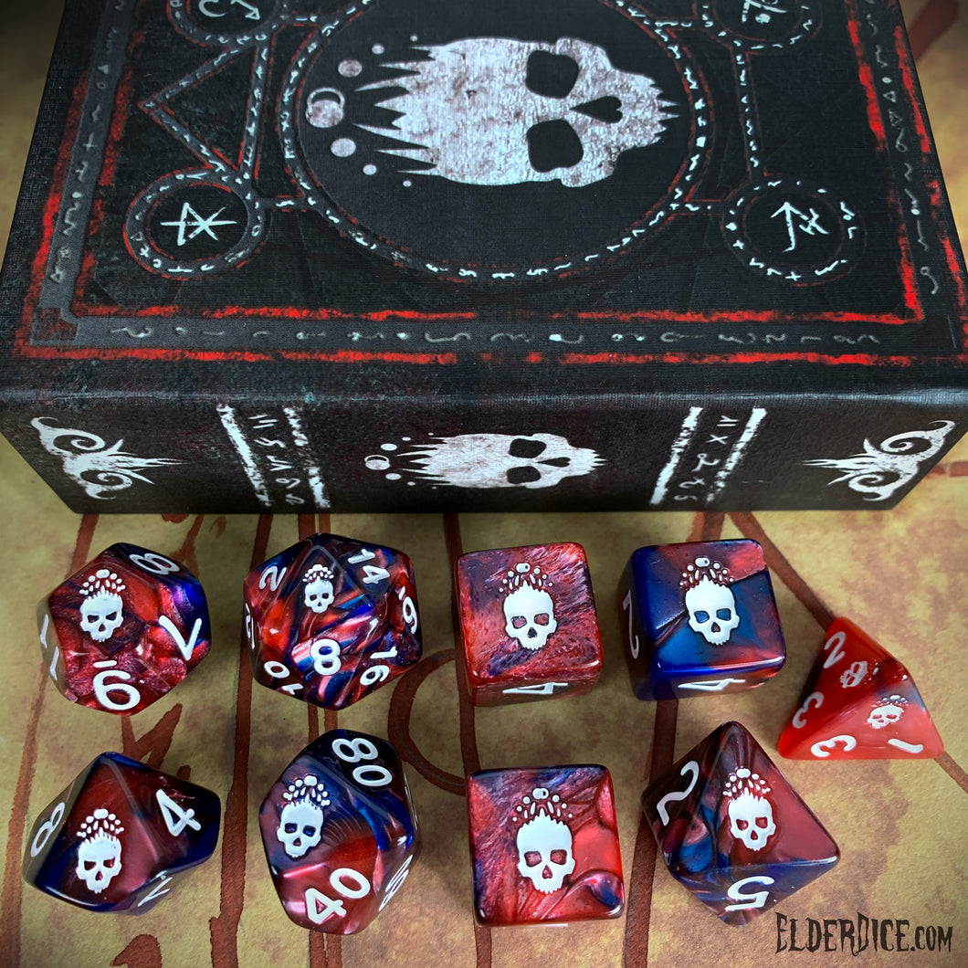 Mark of the Necronomicon Dice - Bone White on Blood and Magick Polyhedral Set