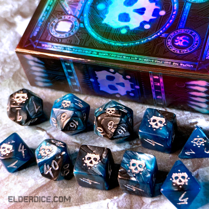 The Grimm Elder Dice - Silver Ink on Cyan and Black