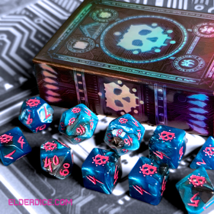 The Grimm Elder Dice - Magenta Ink on Cyan and Black