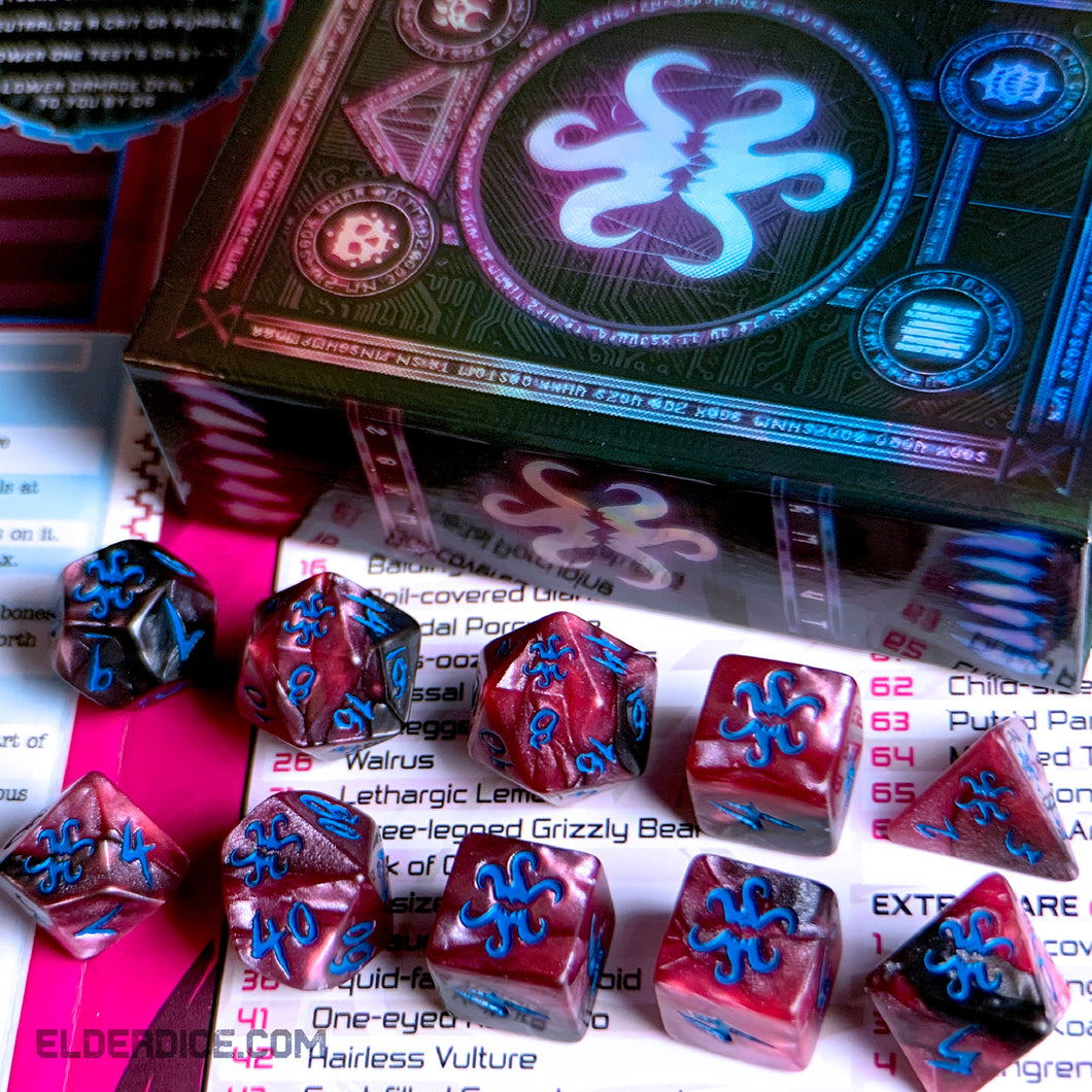 THEY Elder Dice - Cyan Ink on Magenta and Black