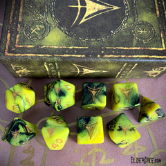 Yellow Sign Dice - Burnt Bone and Tattered Yellow Polyhedral Set