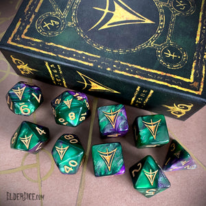 Yellow Sign Dice - Purple and Green Masked edition Polyhedral Set