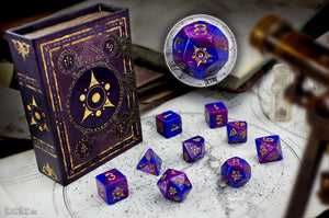 Blue and purple Sigil of the Dreamlands dice with spellbook grimoire