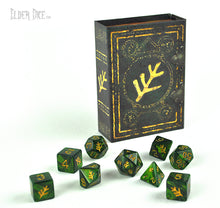 Green Elder Sign dice with spellbook grimoire