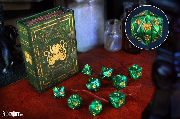 The drowned green Brand of Cthulhu polyhedral dice
