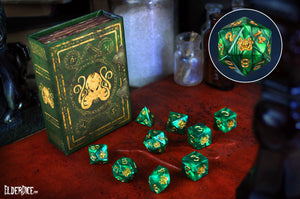 Drowned Green Cthulhu elder dice polyhedral set with spellbook grimoire