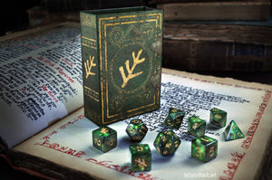 Green Elder Sign Polyhedral dice set displayed on book