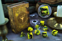 Elder Dice set featuring the Yellow Sign symbol in yellow and black