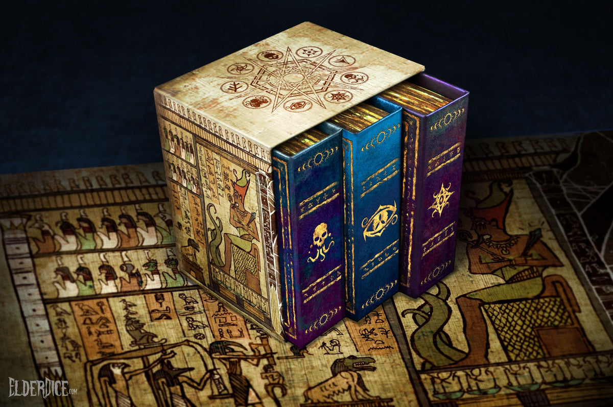 Example Elder Dice slipcase; mystery reward styles vary