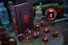 Red and Black Necronomicon dice with spellbook grimoire