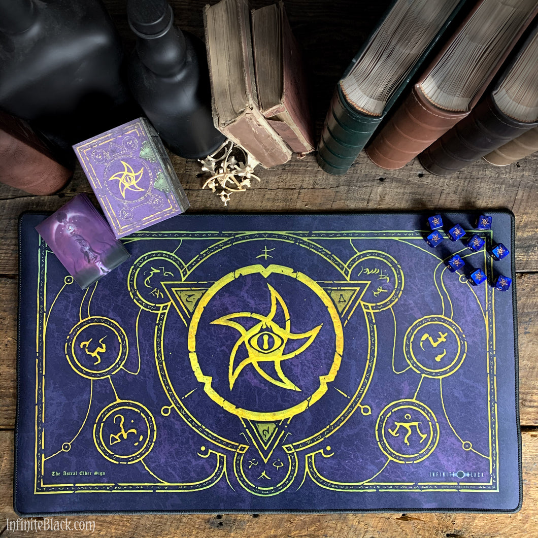 The Astral Elder Sign Mystic Purple premium stitched-edge playmat