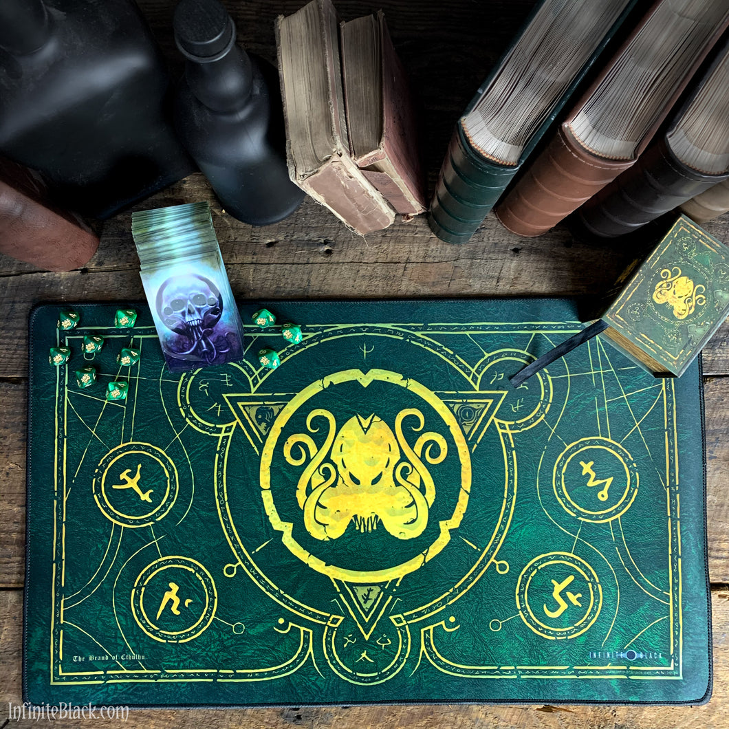 The Brand of Cthulhu Drowned Green premium stitched-edge playmat