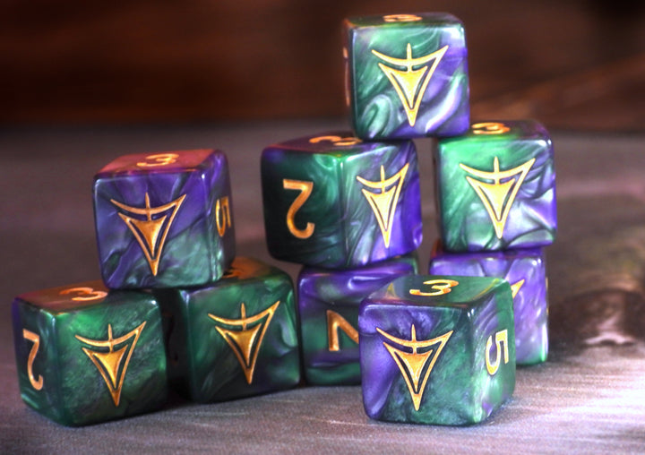 purple and green Yellow Sign d6 dice set
