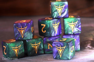 A stack of the purple and green Masked edition of the Yellow Sign d6 dice