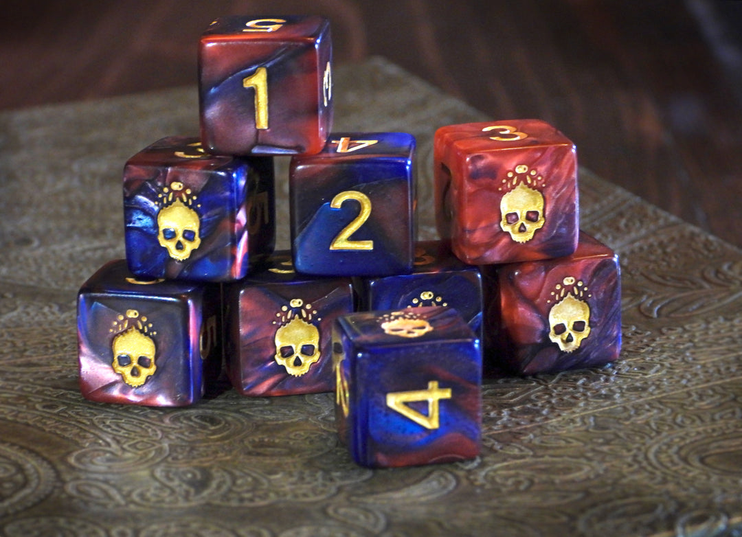 Red and Blue "Blood and Magick" necronomicon dice d6 set