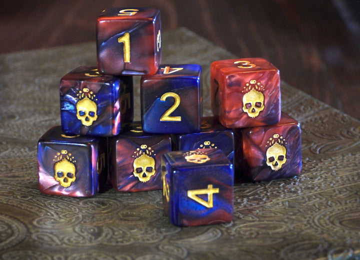 Red and Blue "Blood and Magick" necronomicon dice d6 set