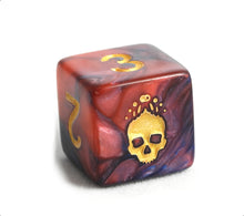 Close up of skull symbol on Necronomicon blue and red d6