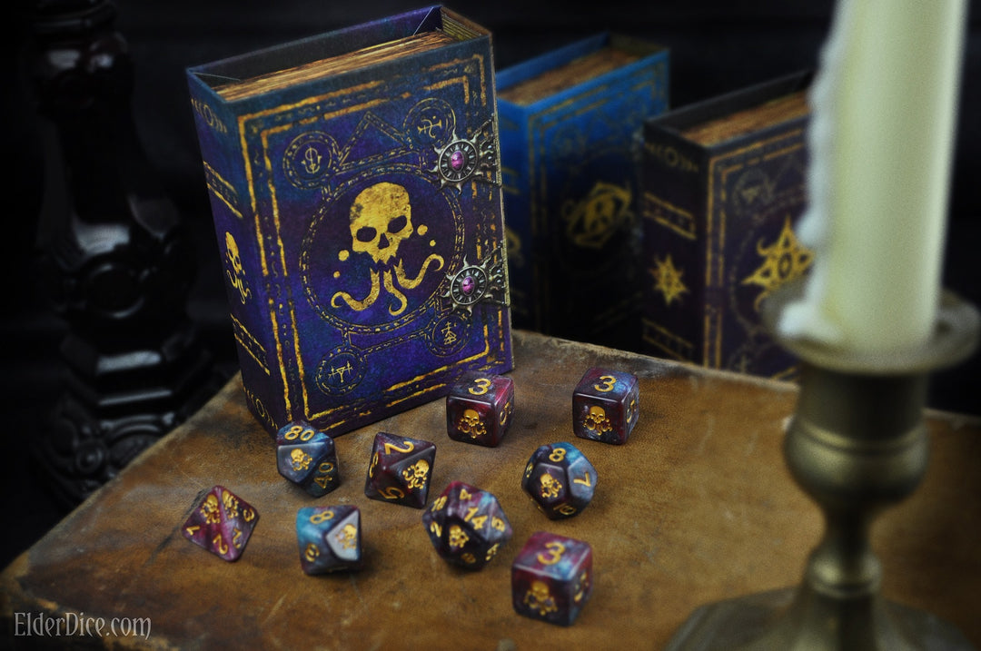 Yog-Sothoth dice polyhedral set with spellbook grimoire nebula edition