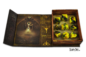 Open Elder Dice tome containing the Yellow Sign dice