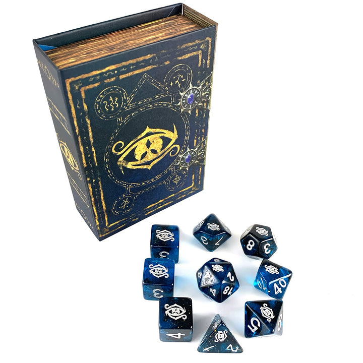 Interstellar Eye of Chaos Elder Dice pictured with grimoire spellbook box