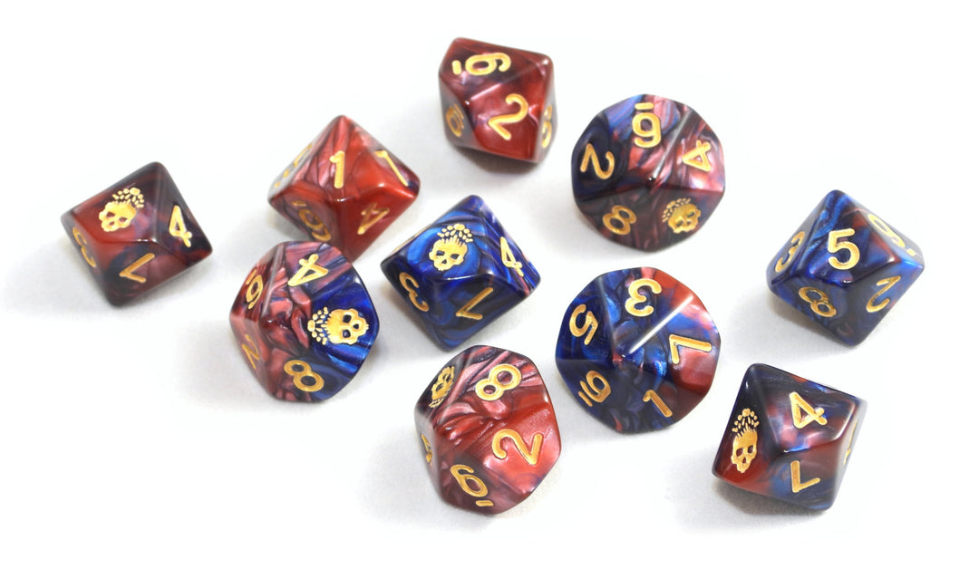 Mark of the Necronomicon red and blue dice d10s