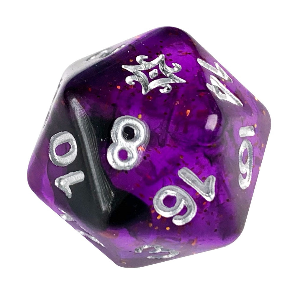 close up of d20 of star of azathoth in interstellar colors