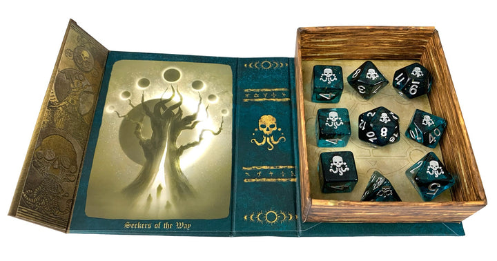 Interstellar Seal of Yog-Sothoth Elder Dice in open grimoire spellbook box